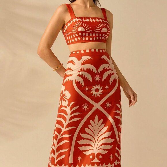 Orange Boho Women's Coconut Print Cropped Cami Top And Fitted Maxi Skirt Set - Picture 4 of 7